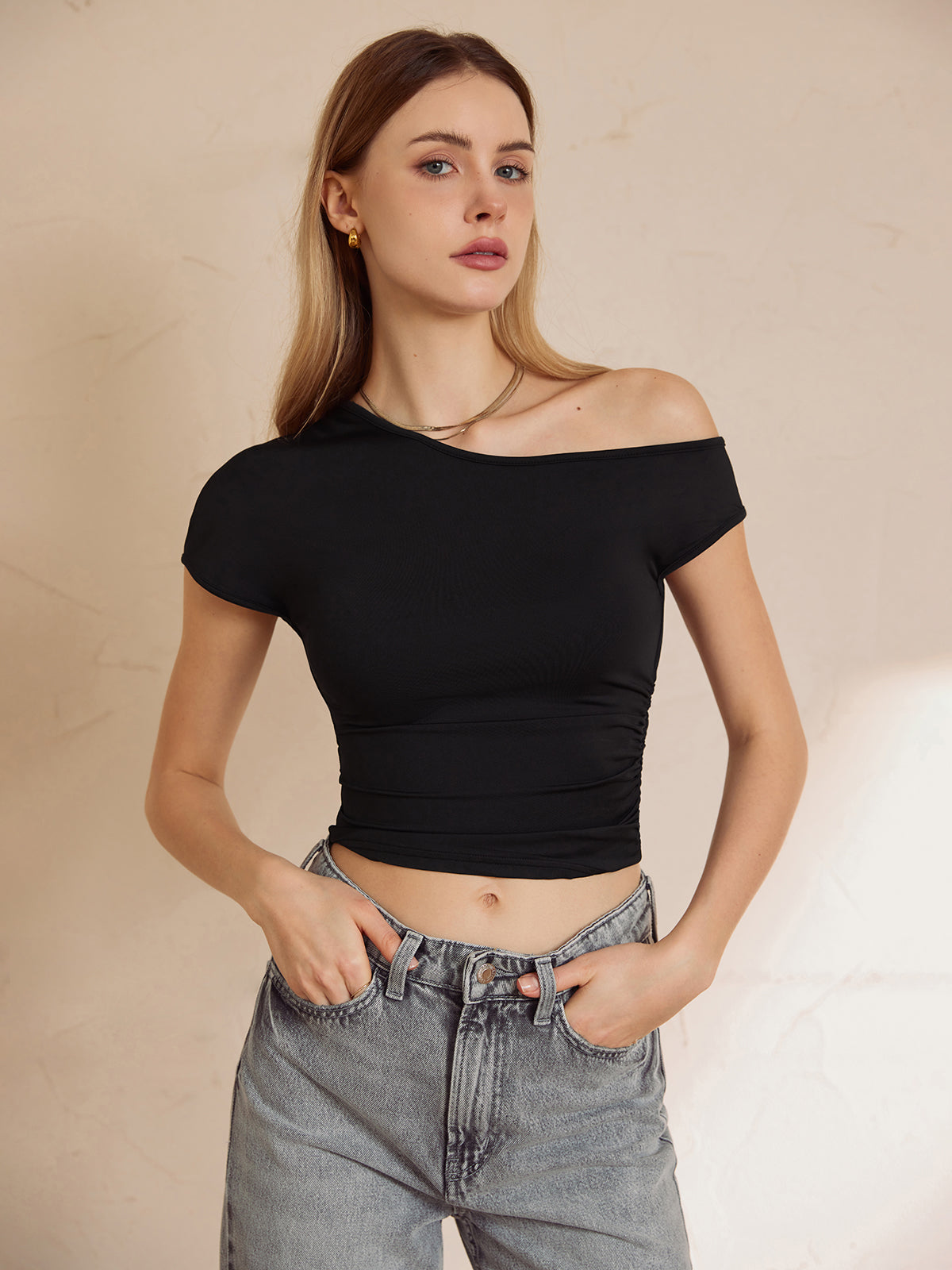 Asymmetrical Neck Graceful Crop Top