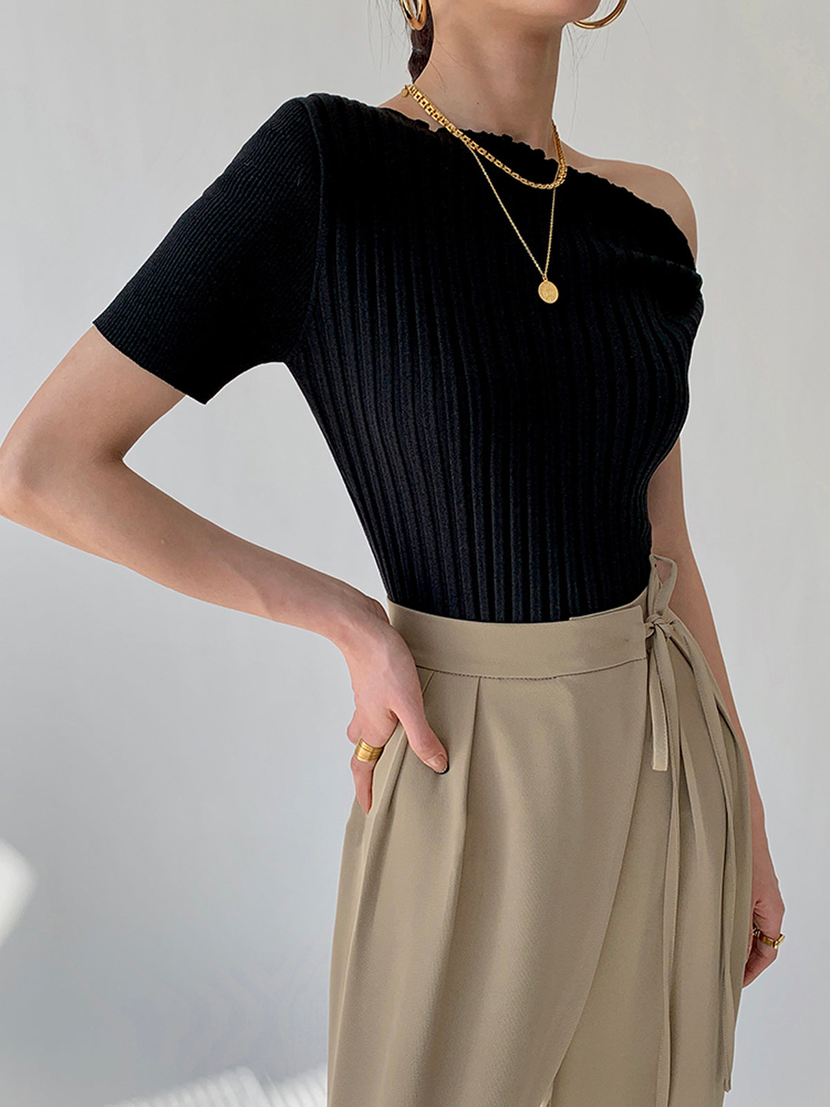 Asymmetrical Neck One Trendy Shoulder Off Knit Top