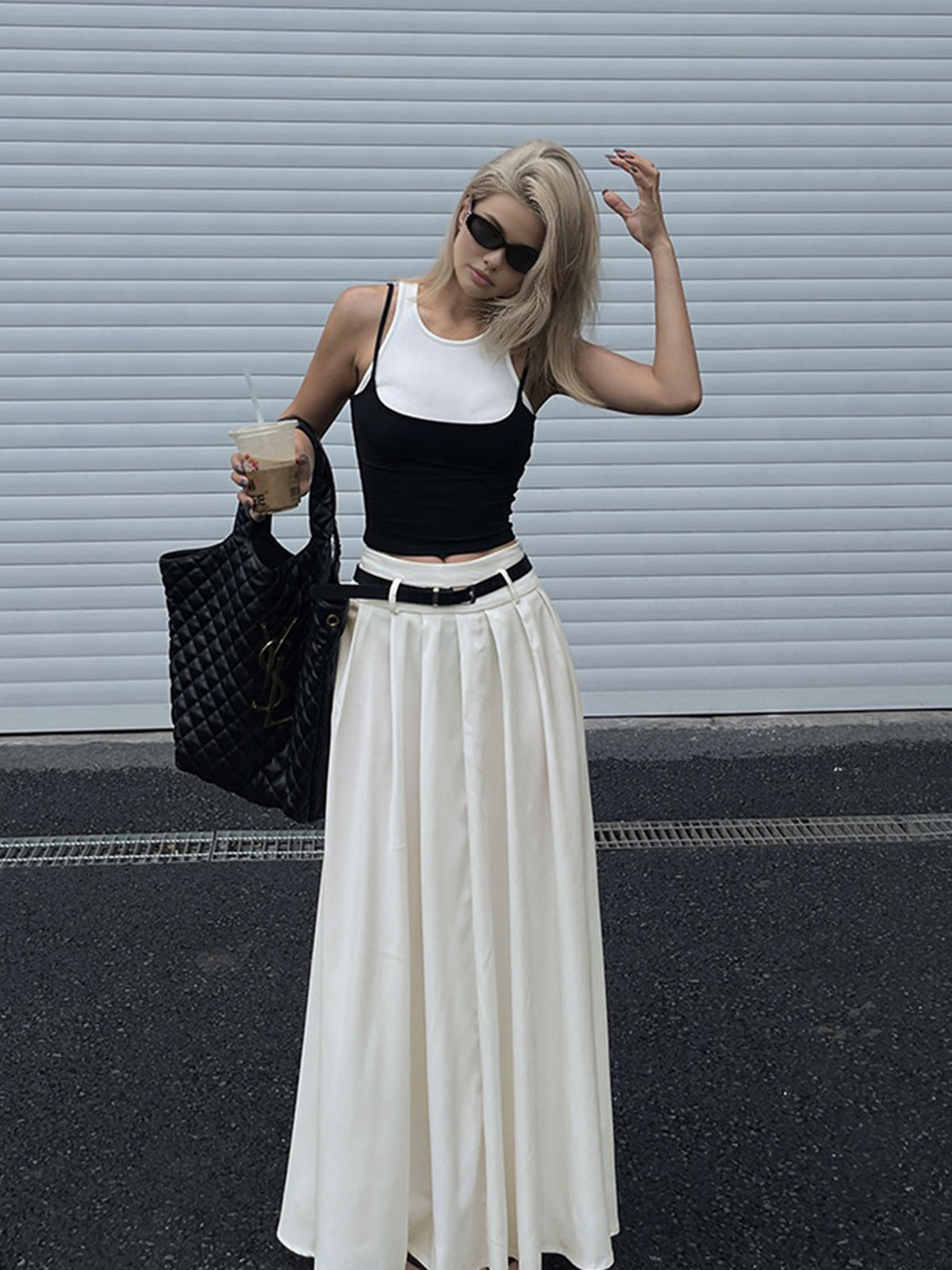 Belted Pleated Graceful Long Skirt