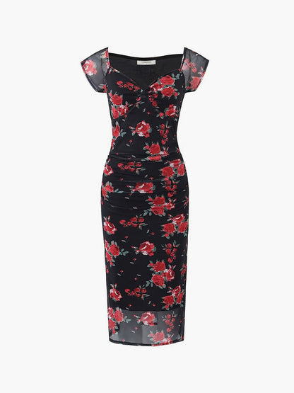 Cosybreezee - Floral Print Ruched Side Midi Dress