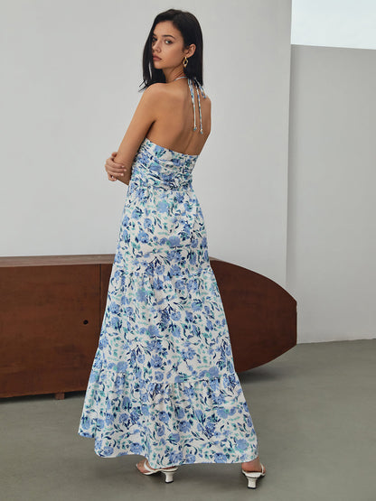 Cosybreezee - Floral Print Halter Long Dress