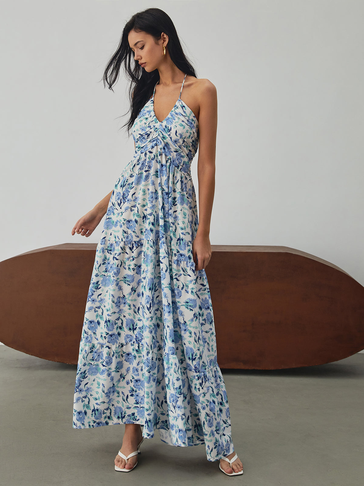 Cosybreezee - Floral Print Halter Long Dress