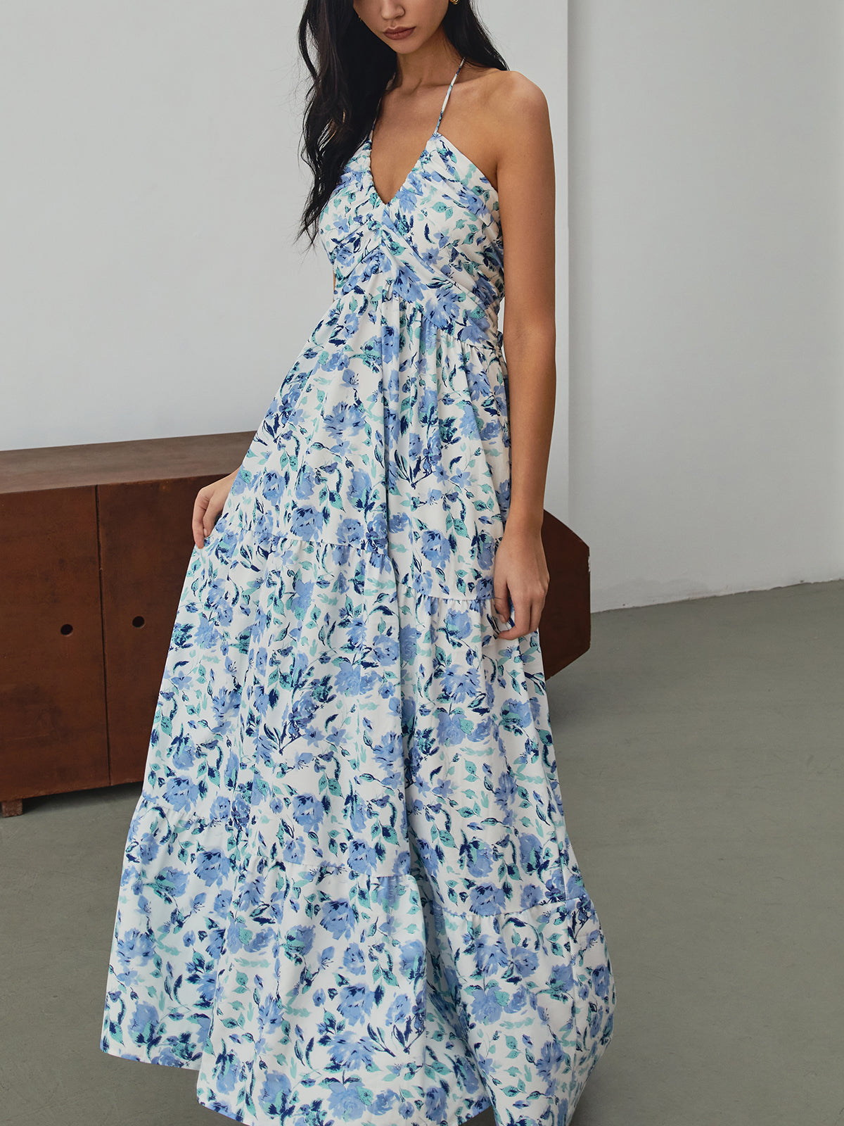 Cosybreezee - Floral Print Halter Long Dress