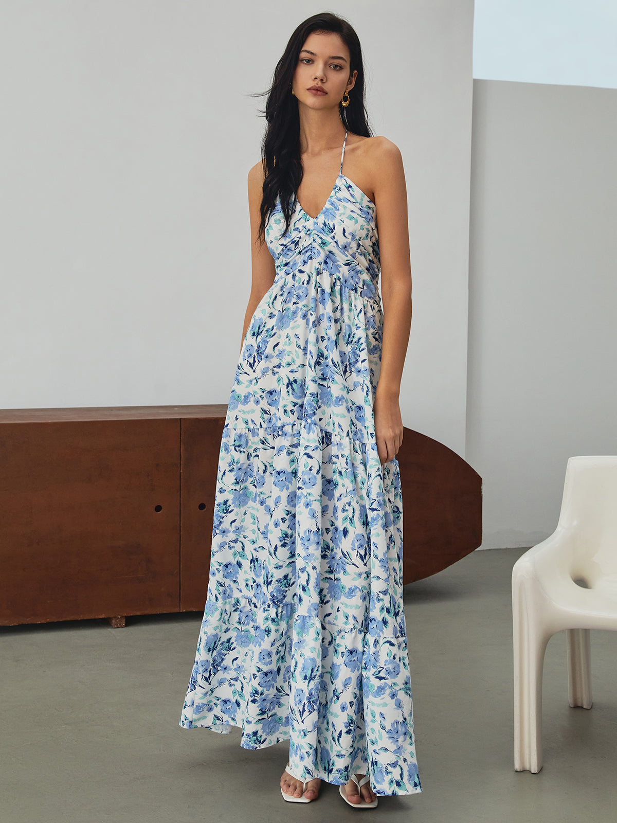 Cosybreezee - Floral Print Halter Long Dress