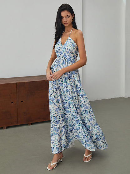 Cosybreezee - Floral Print Halter Long Dress