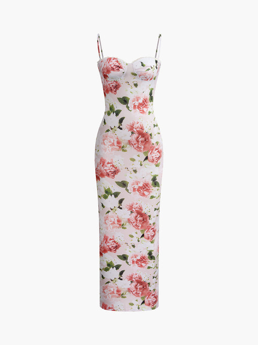 Cosybreezee - Floral Sweetheart Neck Slim Long Dress