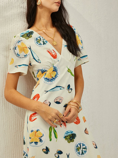 Cosybreezee - Backless Knotted Floral V-Neck Dress