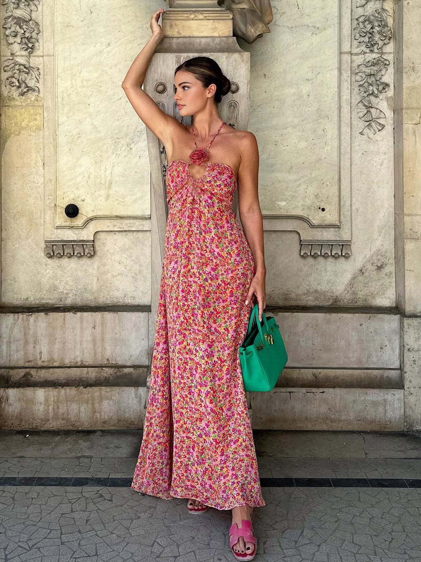 Cosybreezee - Boho Floral Print Rosette Decor Halter Long Dress