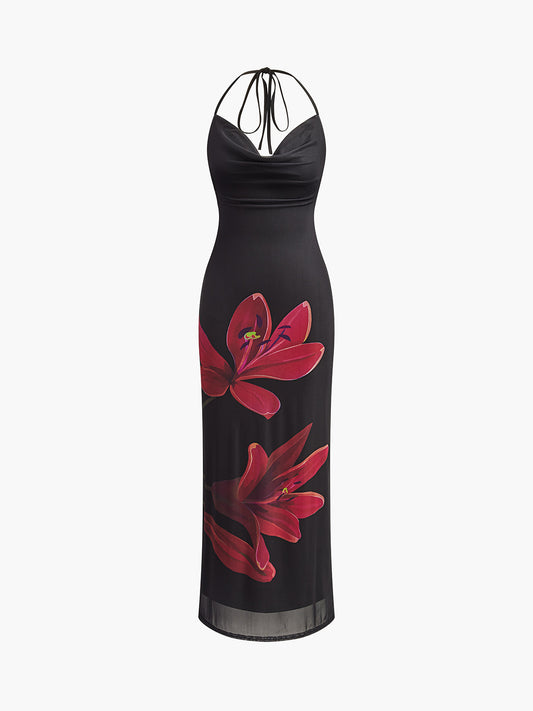 Cosybreezee - Halter Drawstring Backless Floral Dress