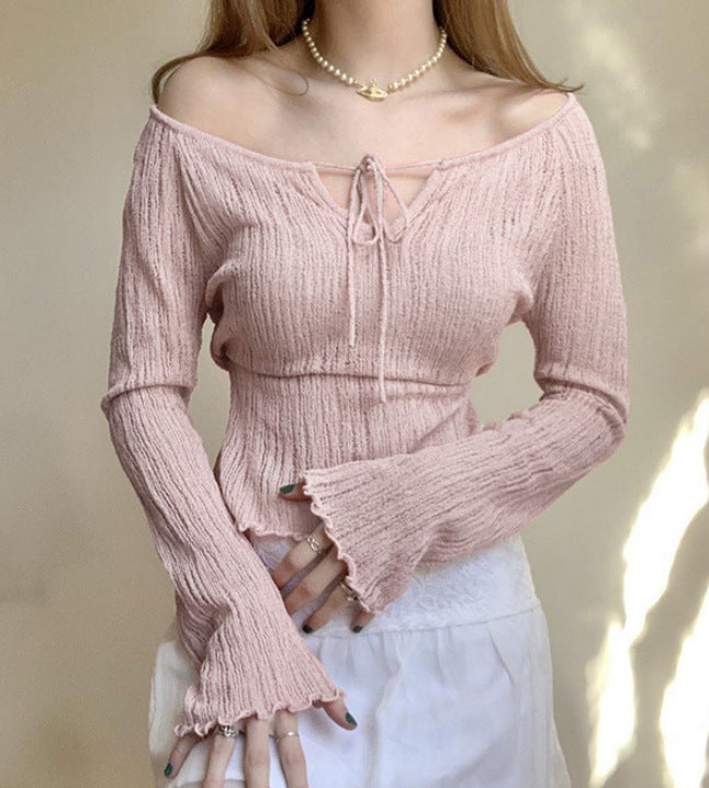 sweet the lace-up Off shoulder V-neck fungus-trimmed long-sleeved Top