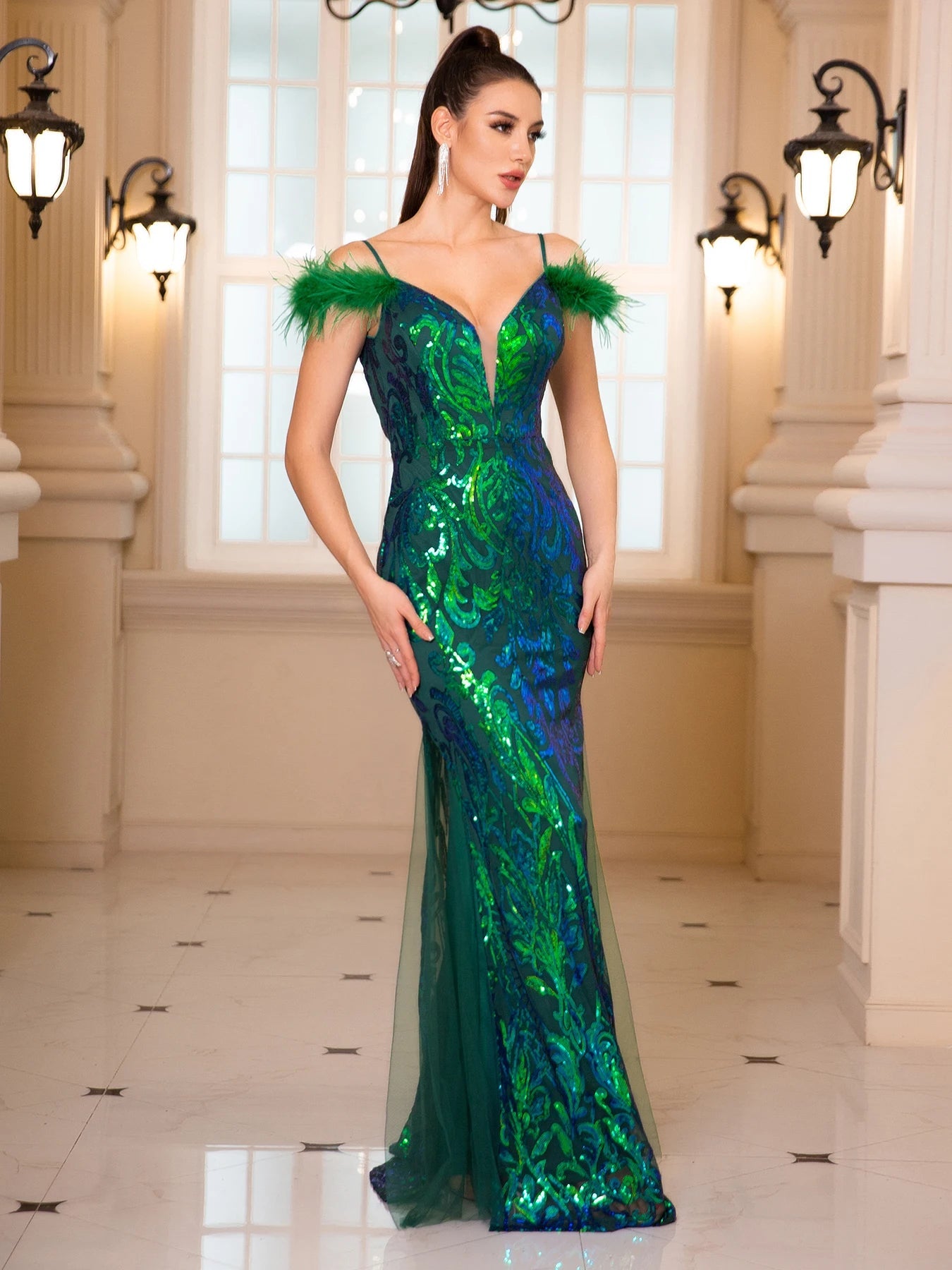 Backless Green Sequin Party Dress