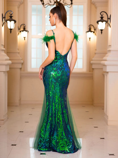 Backless Green Sequin Party Dress