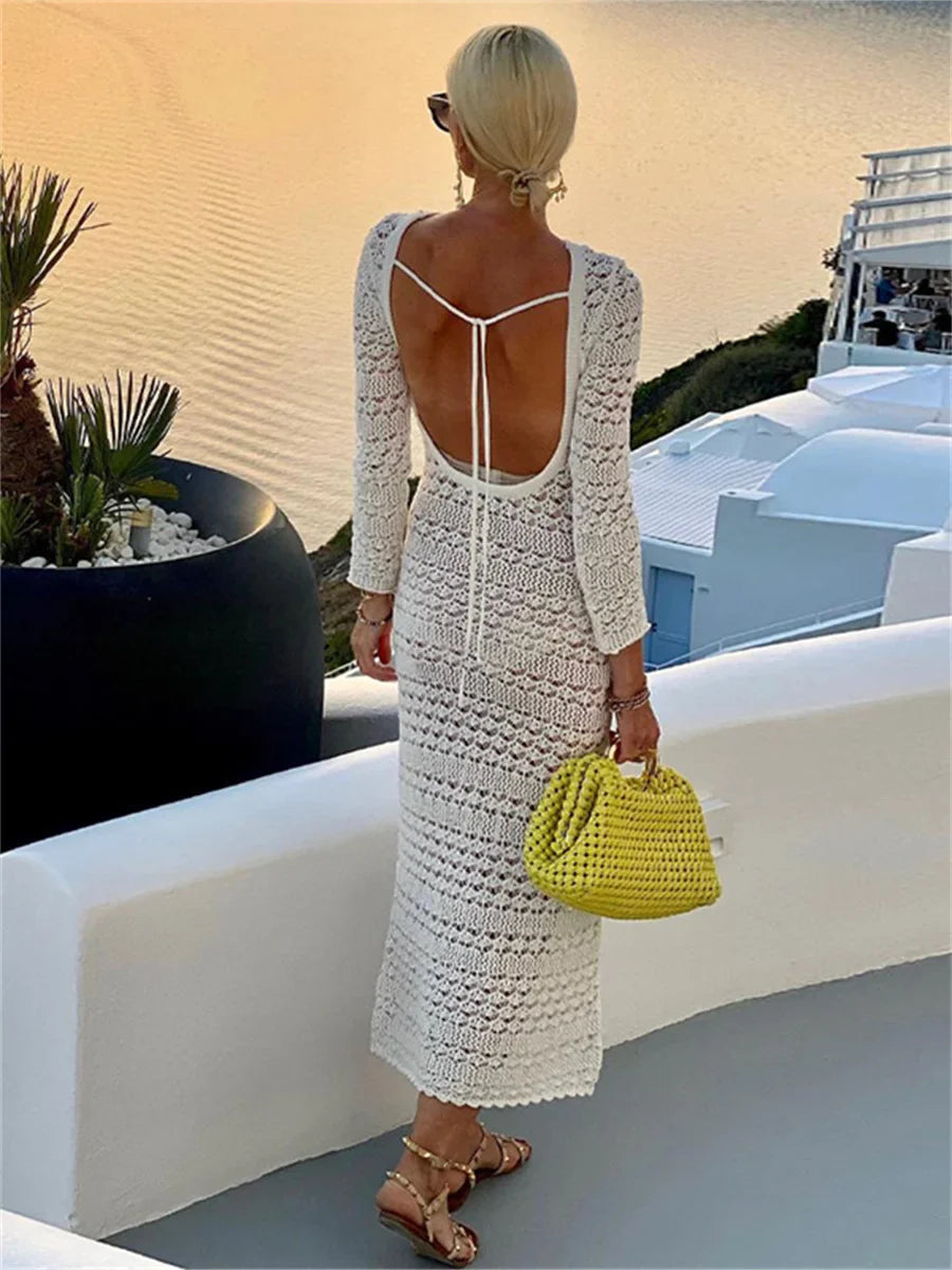 Backless Up Knit Crochet Beach Long Maxi Dress