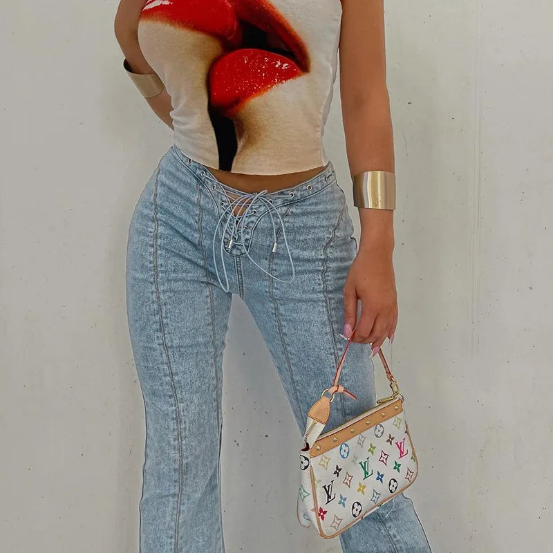 Bandage Skinny Flared High Waist Open Split Vintage Bottoms 2024 Autumn Fashion Y2K Streetwear Jean