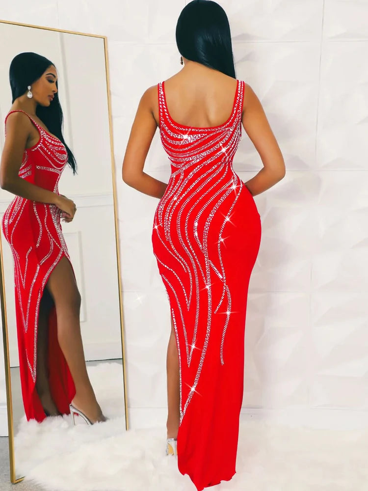 Rhinestone Slit Maxi Party Dress