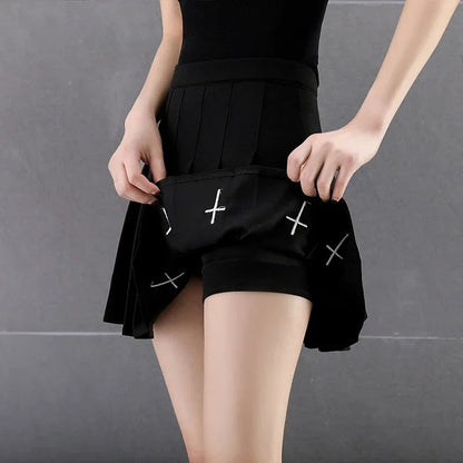 Black High Waist Pleated Vintage Gothic Streetwear Cross Print Skirt