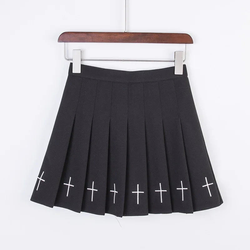 Black High Waist Pleated Vintage Gothic Streetwear Cross Print Skirt