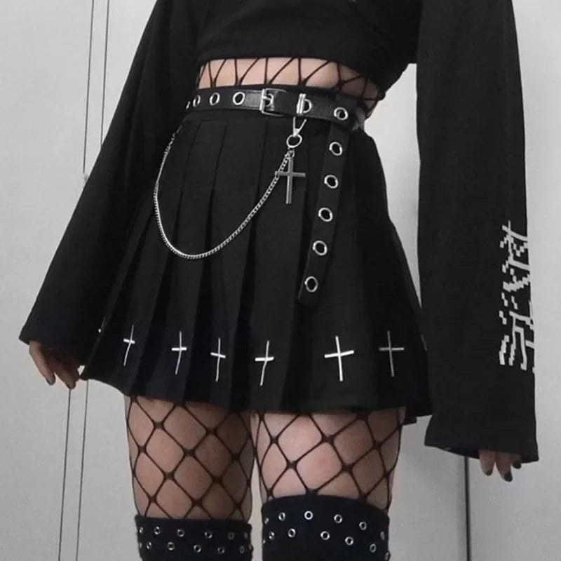 Black High Waist Pleated Vintage Gothic Streetwear Cross Print Skirt