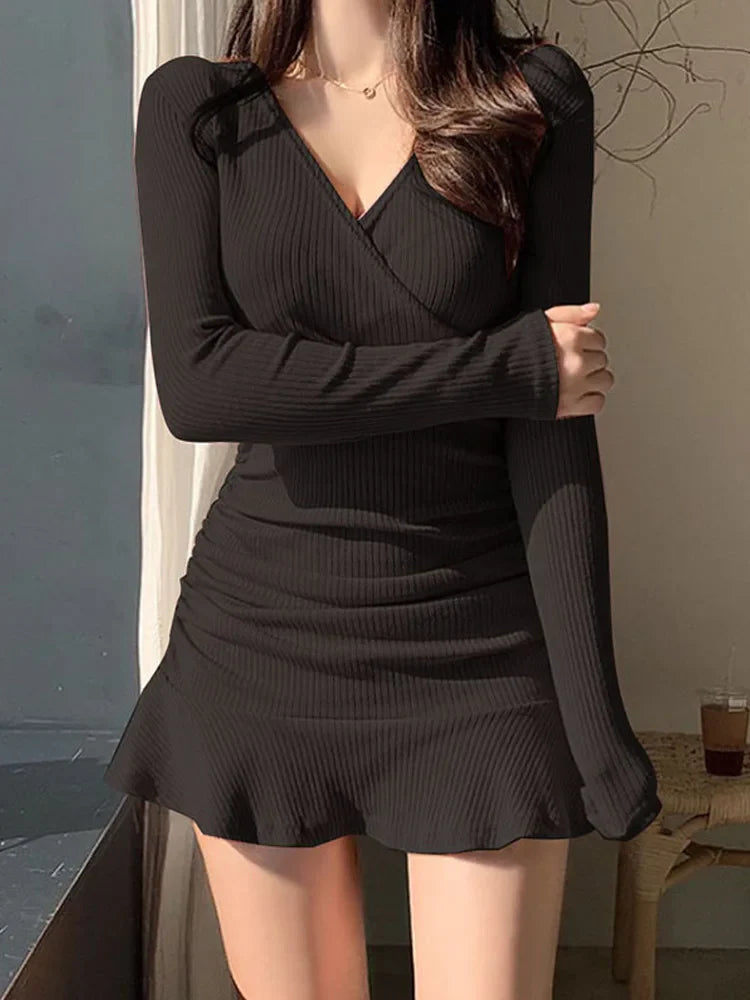 Knitted Ribbed V Neck Elegant Long Sleeve Mini Dress