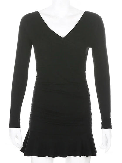 Knitted Ribbed V Neck Elegant Long Sleeve Mini Dress