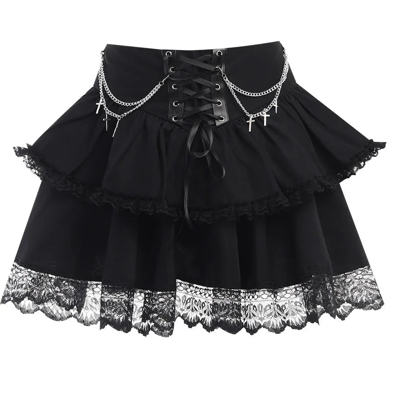 Black Mini Gothic Sexy Cute Women Drawstring Folds High Waist Irregular Ruffle Patchwork Fairycore Skirt