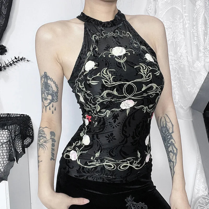 Neo-Chinese Style Vintage Plant Print Flocking Backless Crop Top