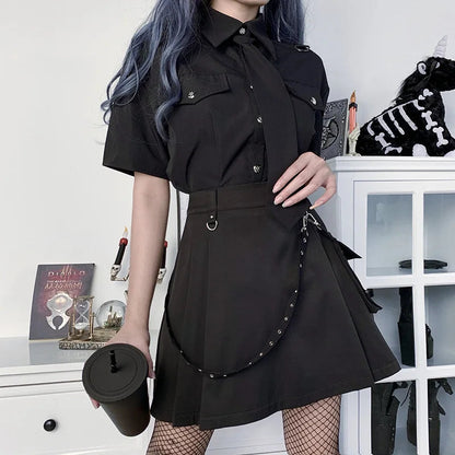 Black Functional Irregular Pleated A-line High Waist Tooling Waist Chain Gothic Harajuku Y2k Goth Skirt