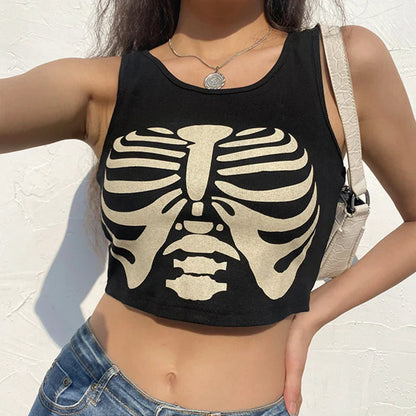 Black Knitted Grunge Punk Goth Goat Head Print Summer Sexy Sleeveless O-neck Crop Top