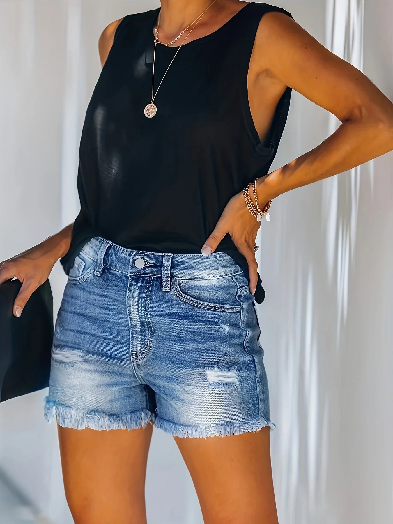 Blue Frayed Hem Denim Shorts Ripped Holes Slash Pockets Short Denim Jean