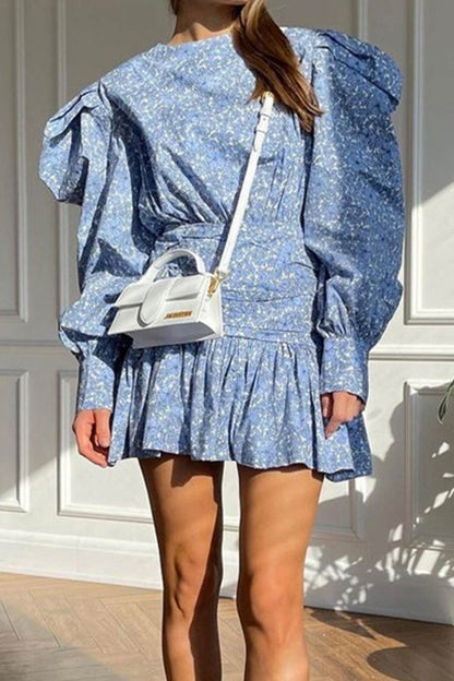 Blue Floral Dress with Puff Sleeve and Gathered Ruffle