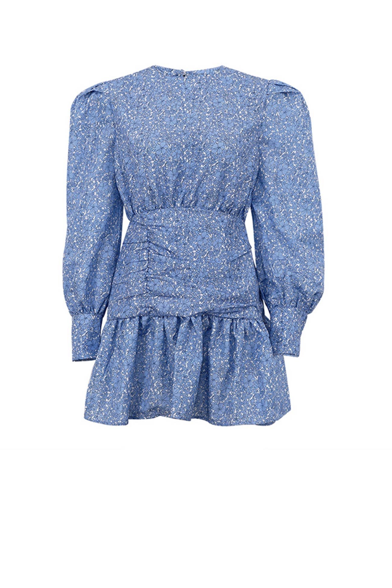 Blue Floral Dress with Puff Sleeve and Gathered Ruffle