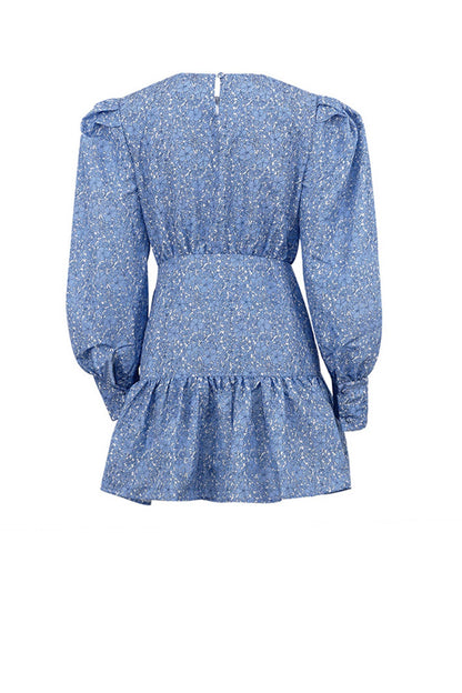 Blue Floral Dress with Puff Sleeve and Gathered Ruffle