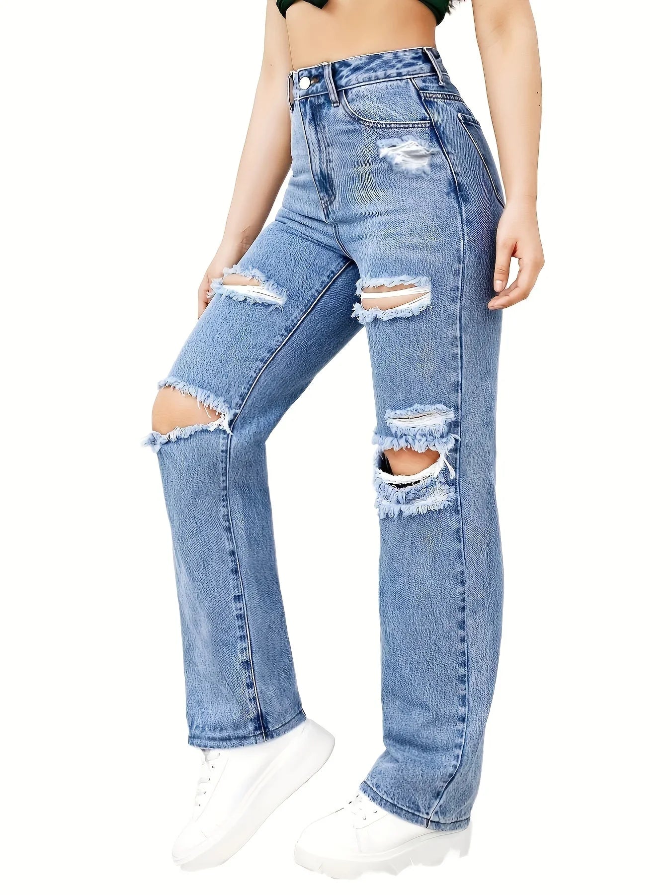 Blue Ripped Baggy Straight Slash Pockets Distressed High Waist Loose Fit Denim Jean