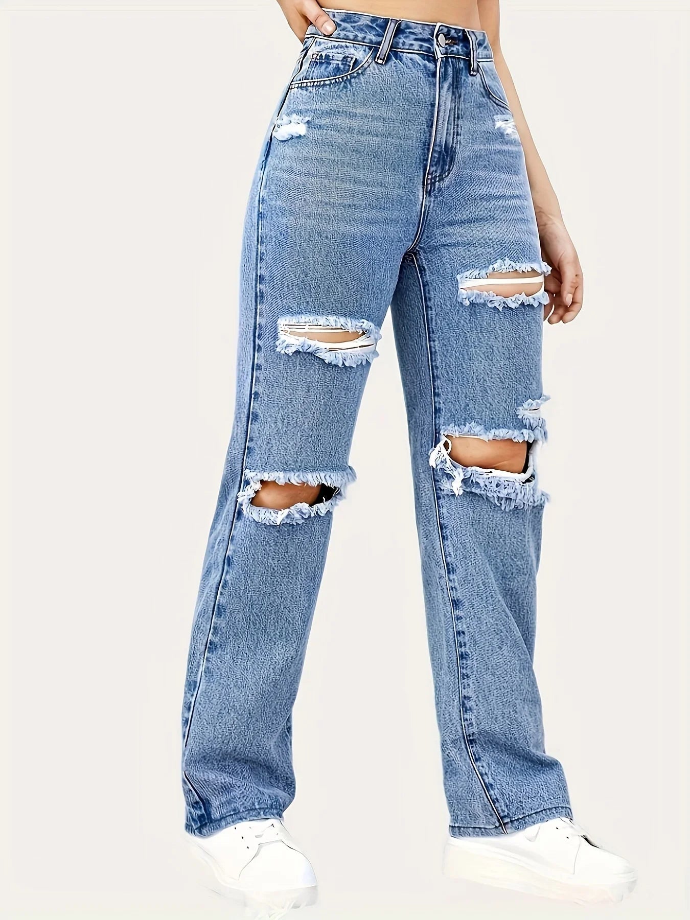 Blue Ripped Baggy Straight Slash Pockets Distressed High Waist Loose Fit Denim Jean