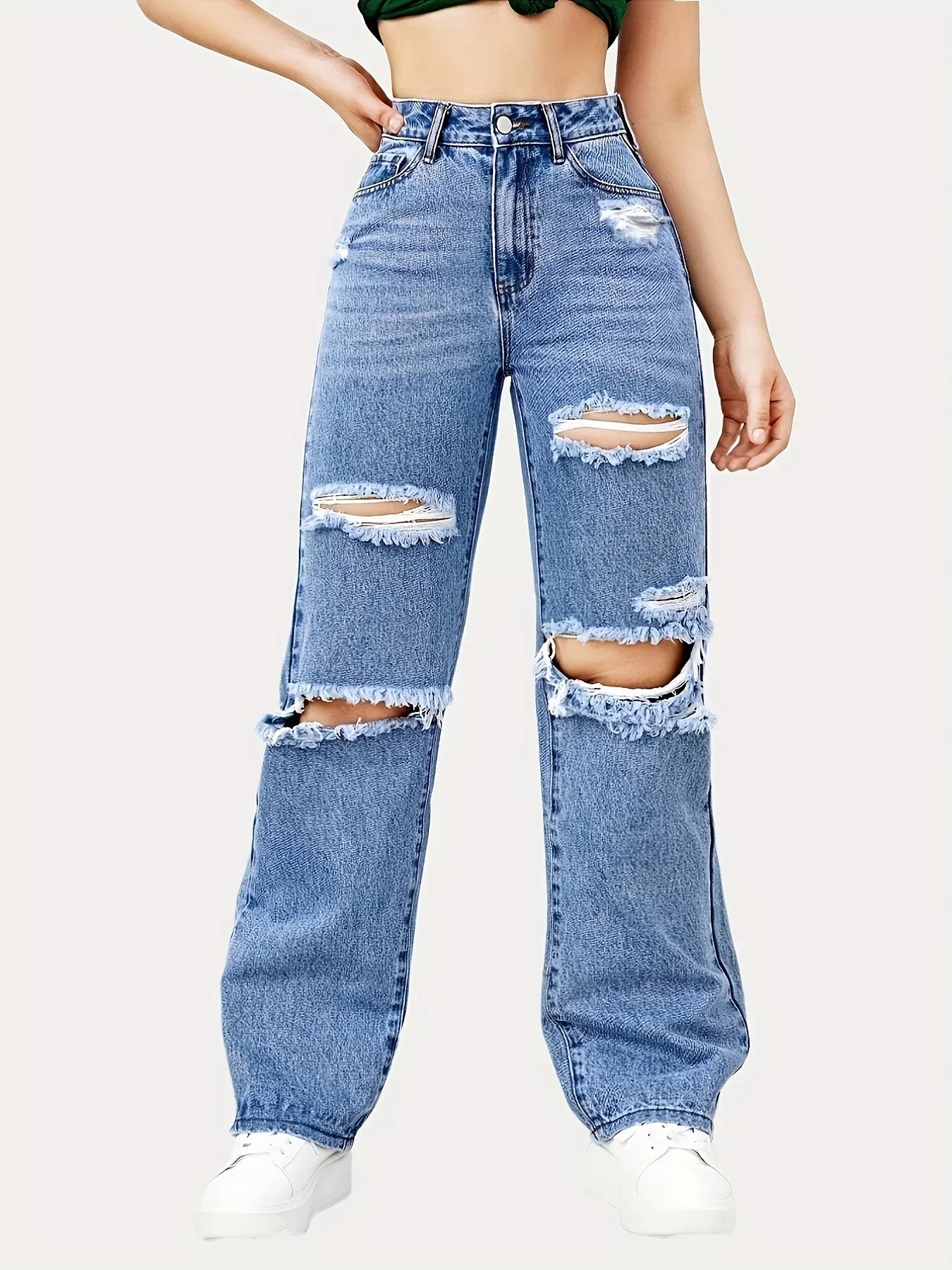 Blue Ripped Baggy Straight Slash Pockets Distressed High Waist Loose Fit Denim Jean