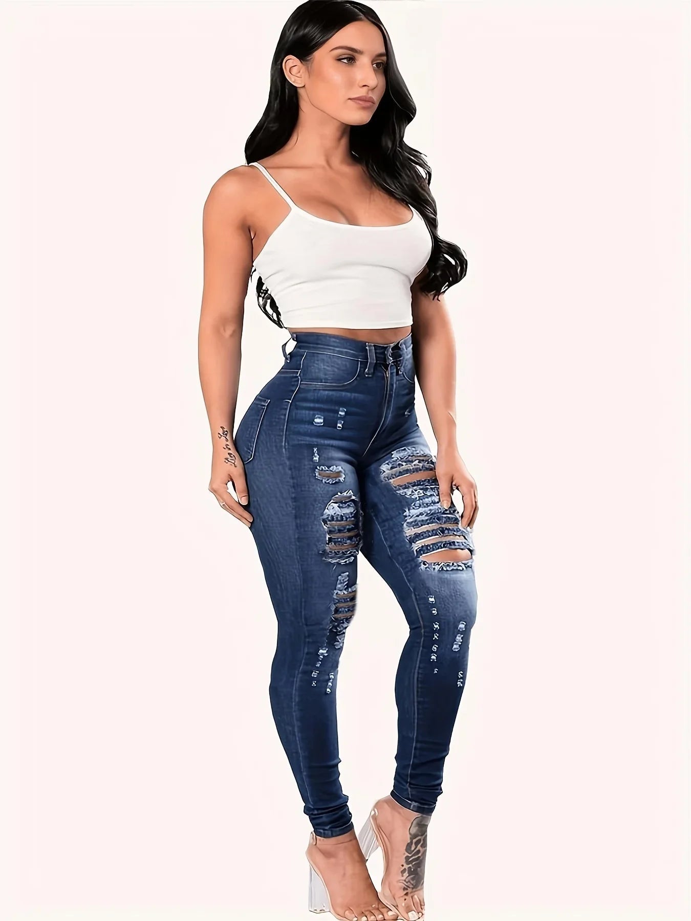 Blue Ripped Holes Skinny Distressed High Waist Slim Fit Slash Pockets Denim Jean