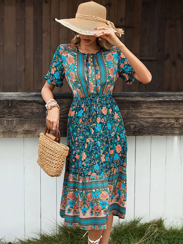 Vintage Round Neck A-Line Boho Dress