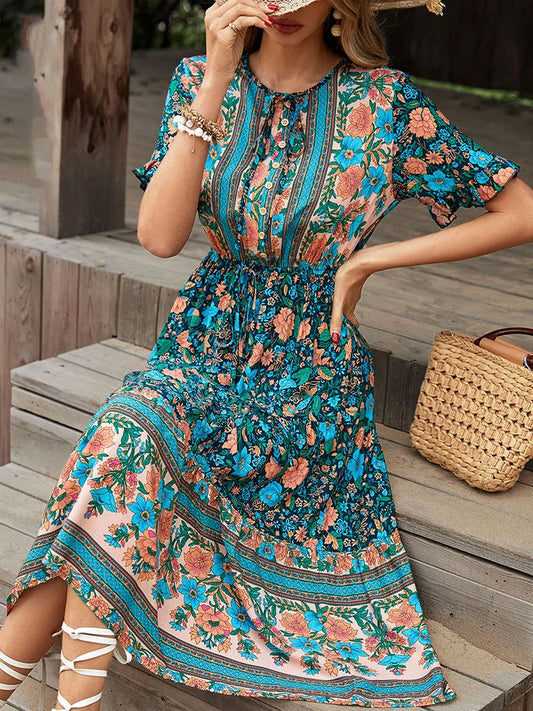 Vintage Round Neck A-Line Boho Dress