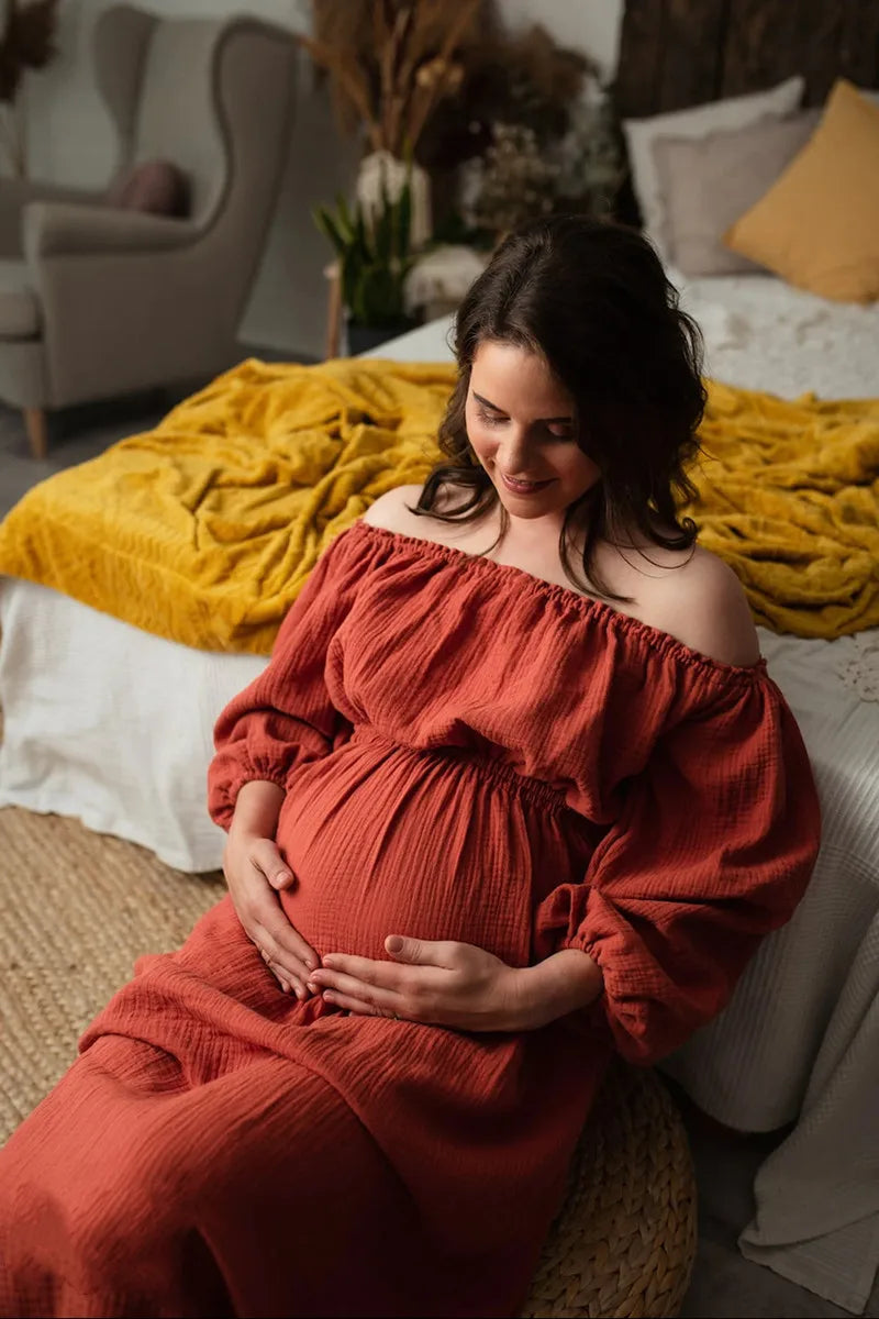 Rust Slash Neck Bohemian Pregnancy Boho Dress