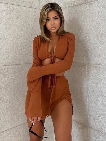 Brown Tie Front Top Skirt Sets Mini Dress