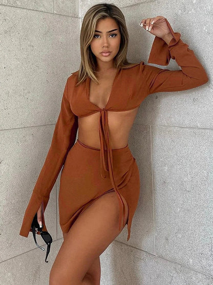 Brown Tie Front Top Skirt Sets Mini Dress