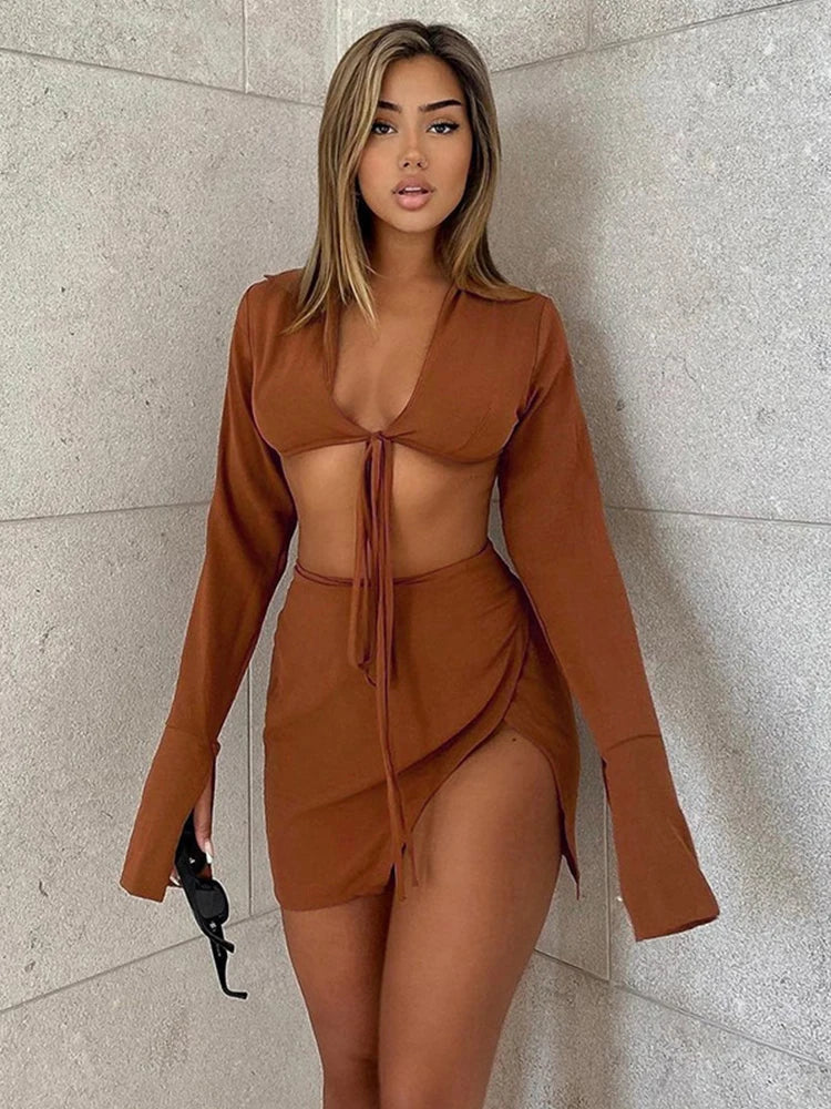 Brown Tie Front Top Skirt Sets Mini Dress