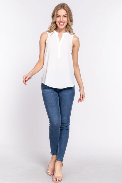 Woven Sleeveless Neck Henley Top