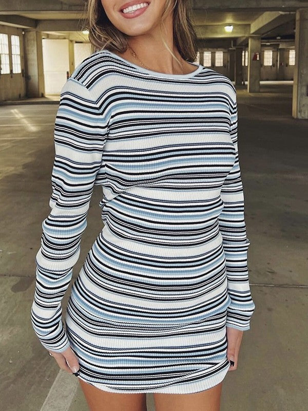 Backless Long Sleeve Trendy Striped Knit Mini Dress