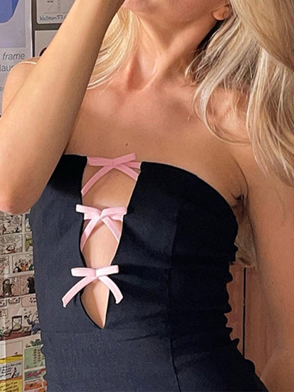 Bow Embellish Graceful Black Halter Romper