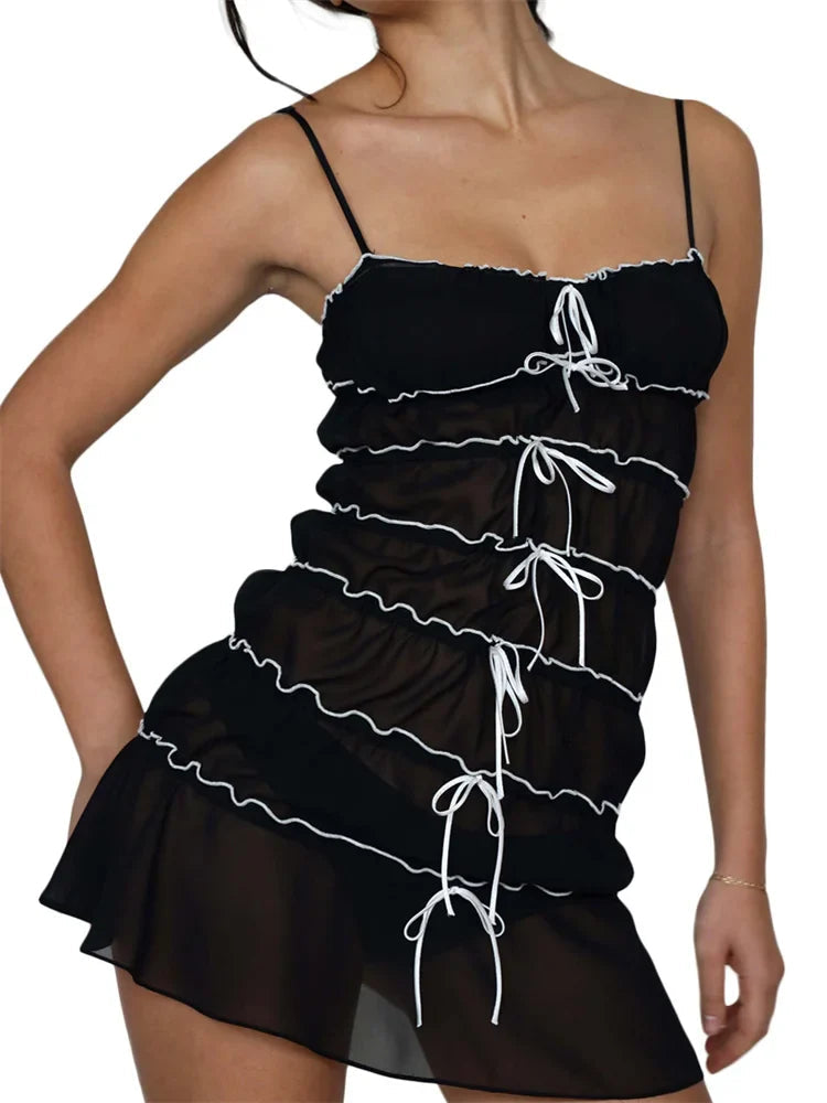 Sexy Women Sleeveless Casual Sling Spaghetti Strap See Through Tie-up  Sexy Y2K Party Vestidos