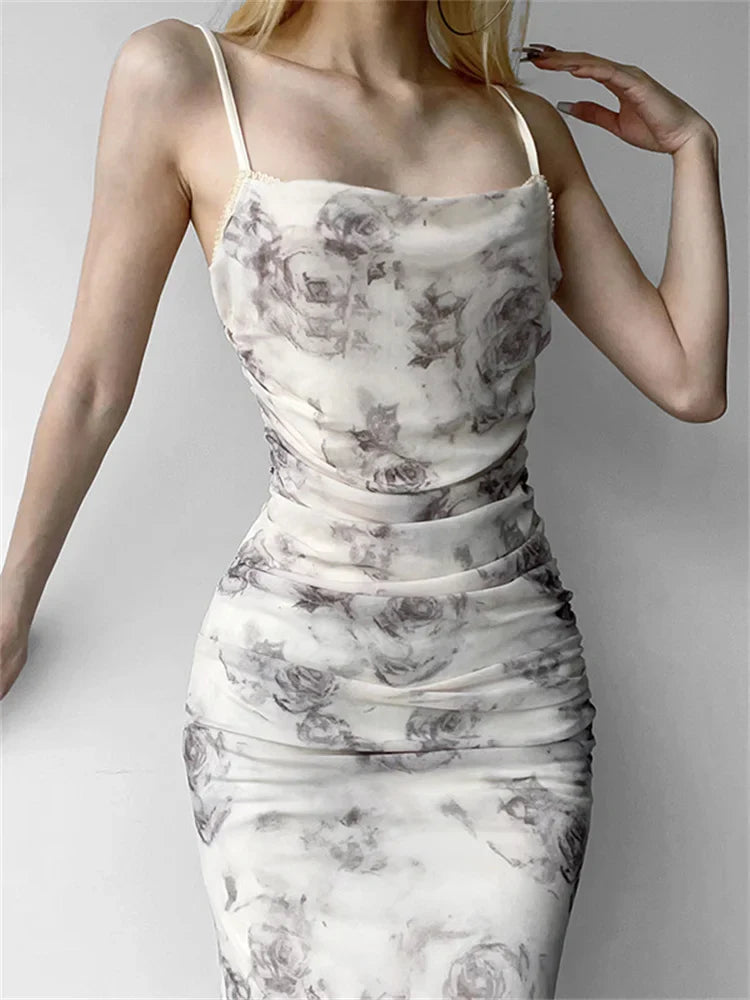 Retro Floral Print  for Women Sleeveless Strap V-neck Ruched Split Summer Party Female Vestidos