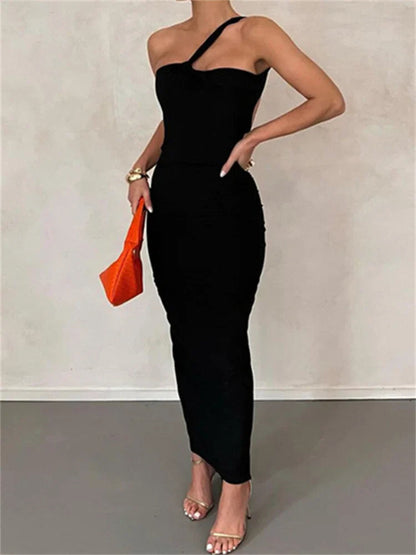 Sexy Backless Ruched  Women Sleeveless Single Strap Off Shoulder Bodycon Party Club  Female Vestidos