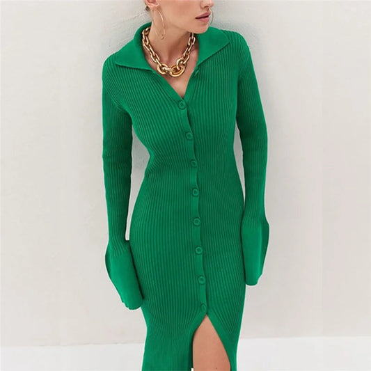 Sexy Knitted Cardigan Women  Female Fashion Slim Solid Autumn Winter  Flare Sleeve Female Vestidos