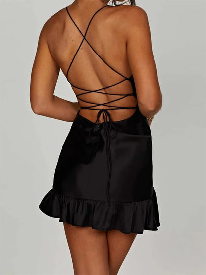 Sexy Sleeveless Strap Satin Backless Ruffles Hem Mini Dress